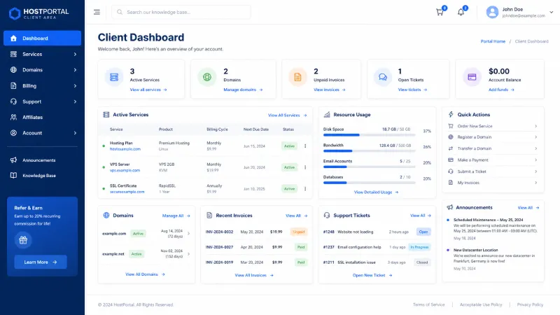 WHMCS client portal for ordering and managing hosting